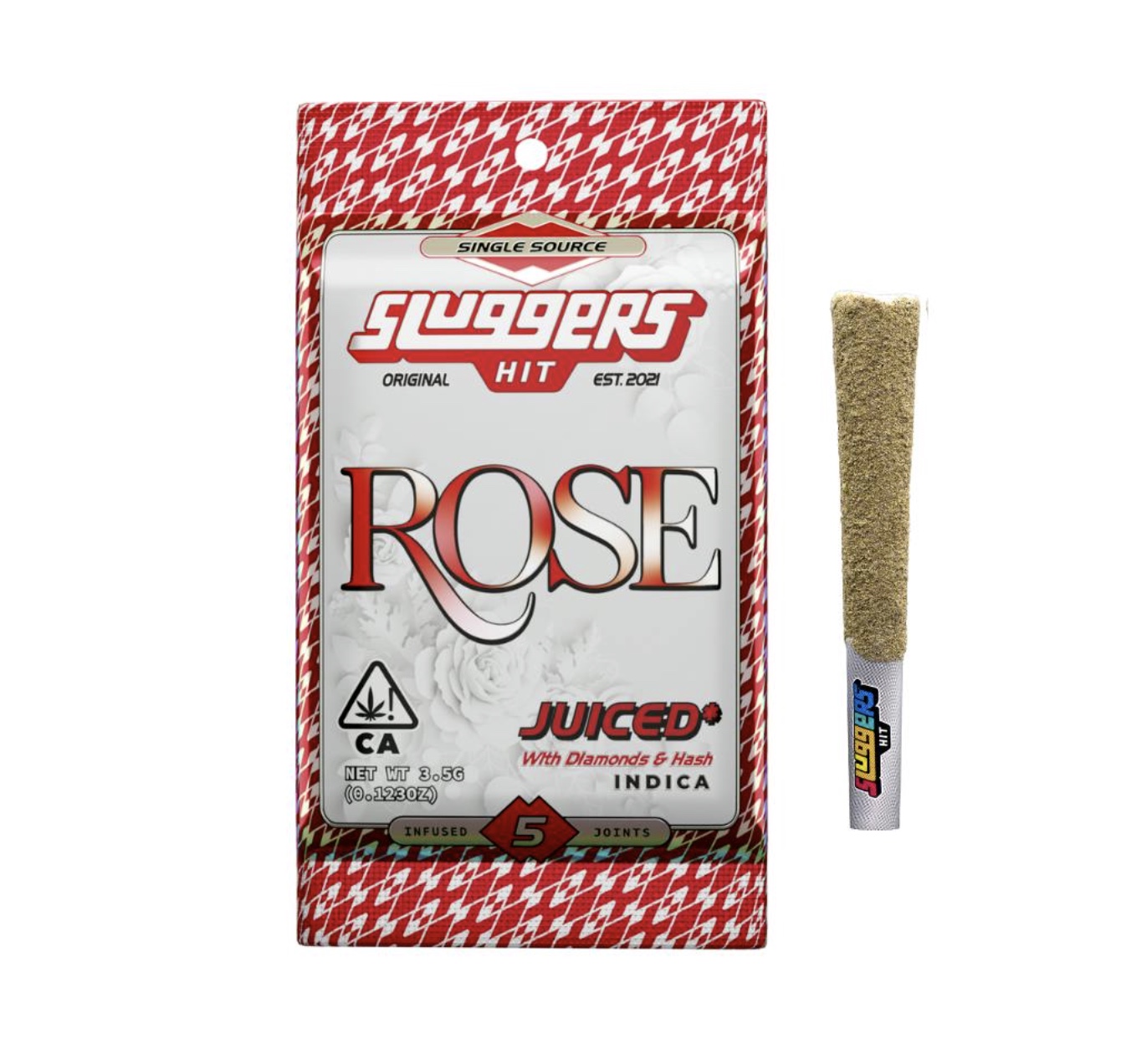 Rose (Indica) - Sluggers Hit Prerolls - Diamonds and Hash Infused - 5pk