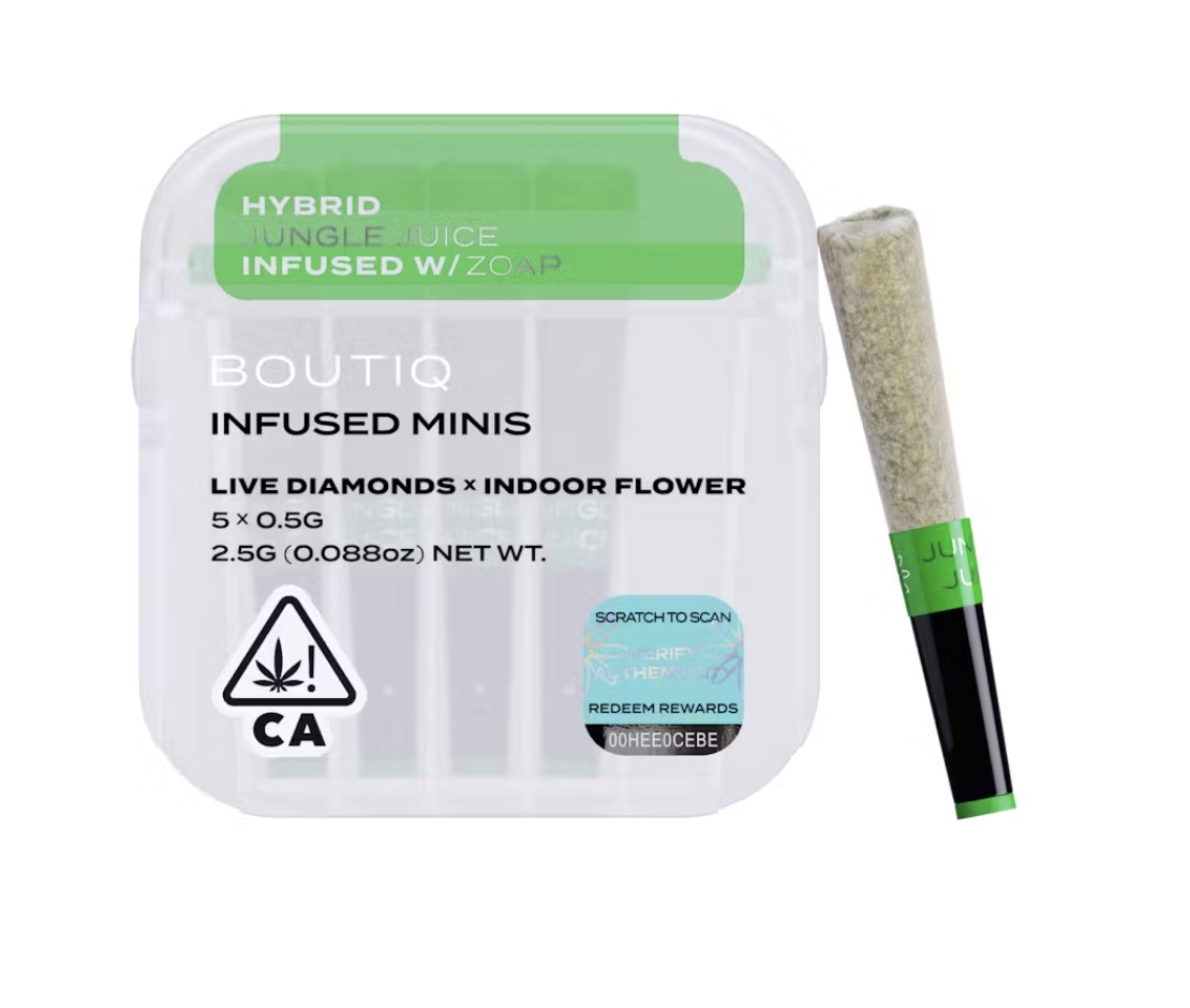 Jungle Juice + Zoap (H) - Boutiq Prerolls Infused Minis - Live Diamonds x Indoor Flower - 5pk/0.5g ea