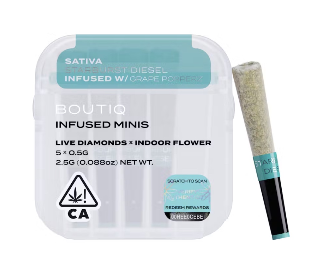 Starburst Diesel + Grape Popperz (S) - Boutiq Prerolls Infused Minis - Live Diamonds x Indoor Flower - 5pk/0.5g ea