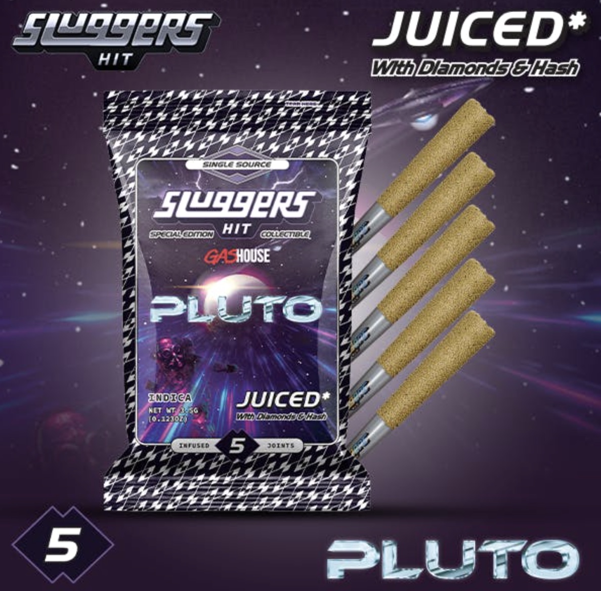Pluto (Indica) - Sluggers Hit x GasHouse - Diamonds and Hash Infused Prerolls - 5pk