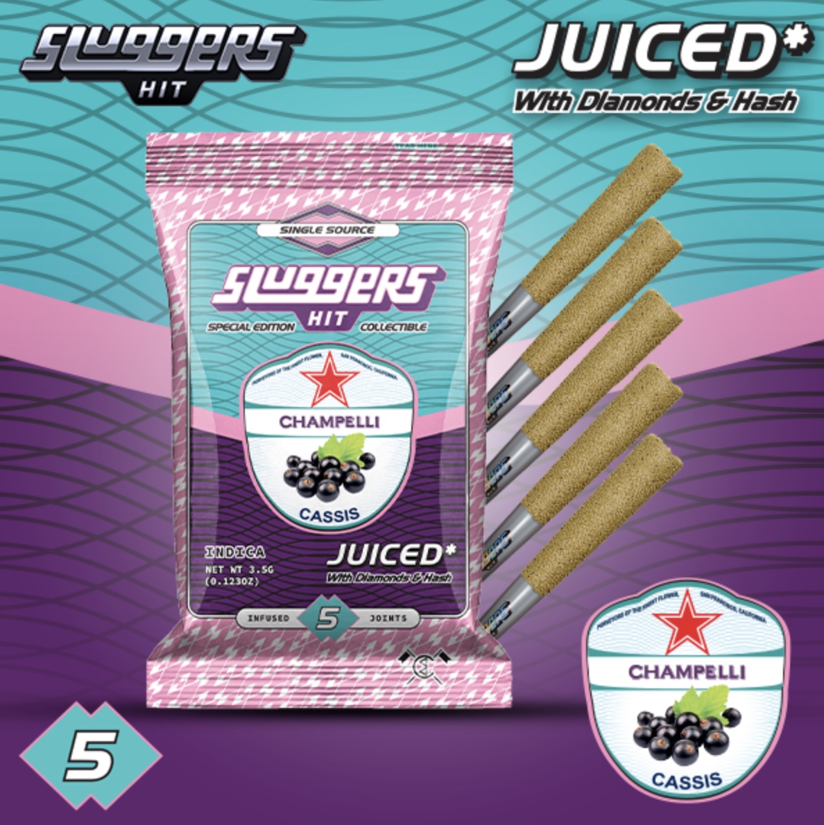 Champelli Cassis (Indica) - Sluggers Hit Prerolls - Diamonds and Hash Infused - 5pk