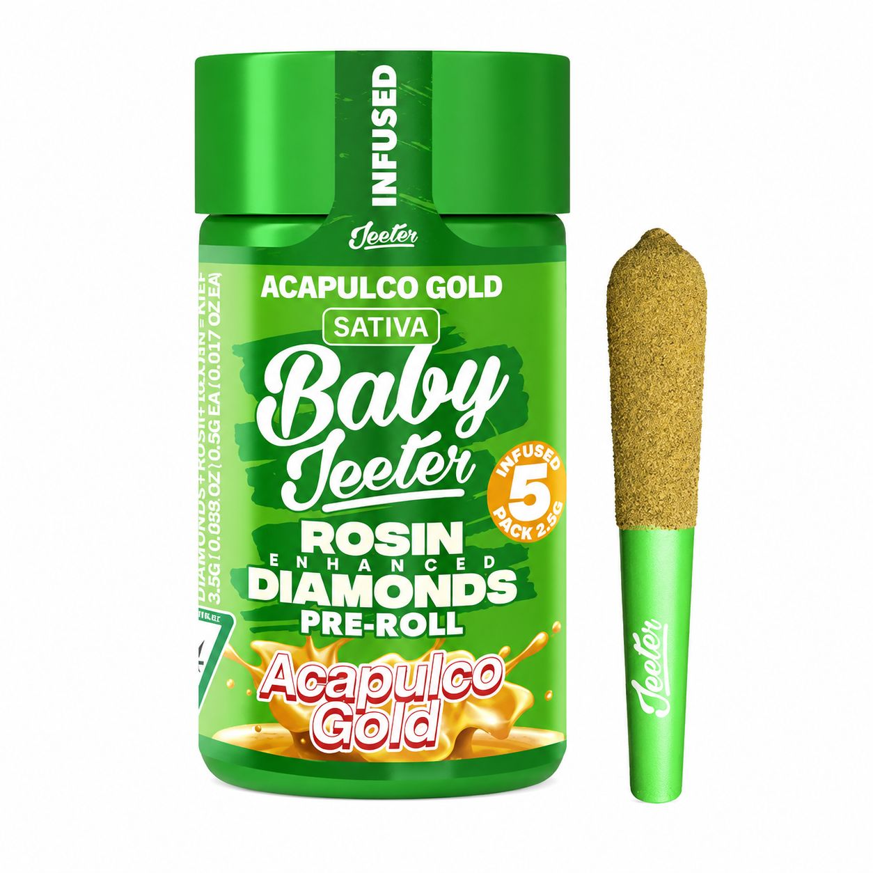 Acapulco Cold by Baby Jeeter (S) - Infused Prerolls w/ Liquid Diamonds + Kief - 5pk(2.5g/0.5g ea)
